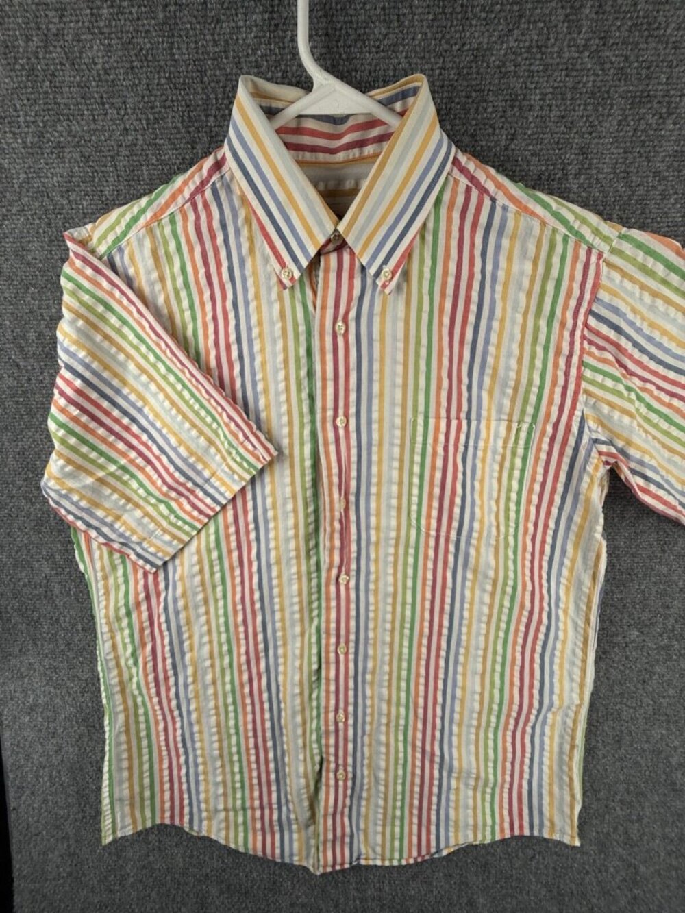 Viyella Striped Textured Colorful Short Sleeve Button Up Shirt Medium USA Cotton
